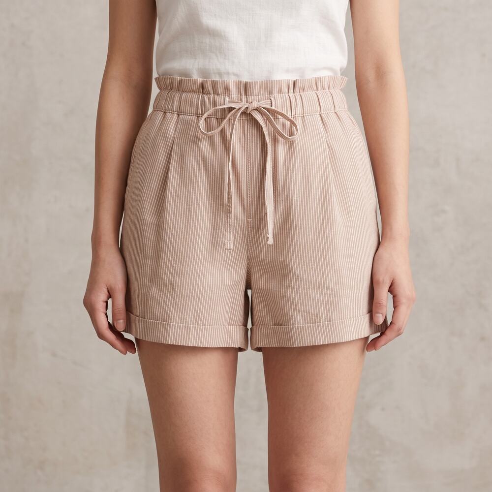Uniqlo Women's Striped Paperbag Shorts Linen Blend Coastal Boho Tan White XS